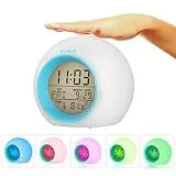 I2USHOP Alarm Clock for Kids Bedroom, Wake Up Light Digital Clock with Indoor Temperature & Calendar & 6 Natural Sound & 7 Colors Changing Light (Blue)
