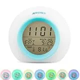 Ninonly Alarm Clock Wake Up Light Digital 6 Natural Sound Indoor Temperature Calendar Nice Gift Decor 7 Auto Switch Colors LED Night Light for Kids Bedroom Adults White