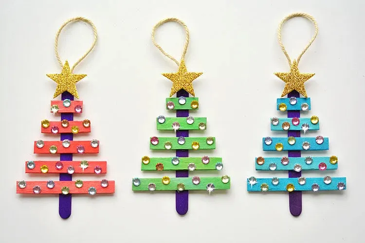 Glittering Popsicle Stick Christmas Trees made with Sticker Rhinestones