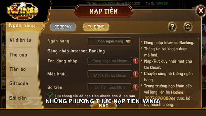 Iwin 68 cung cấp đa dạng phương thức nạp tiền